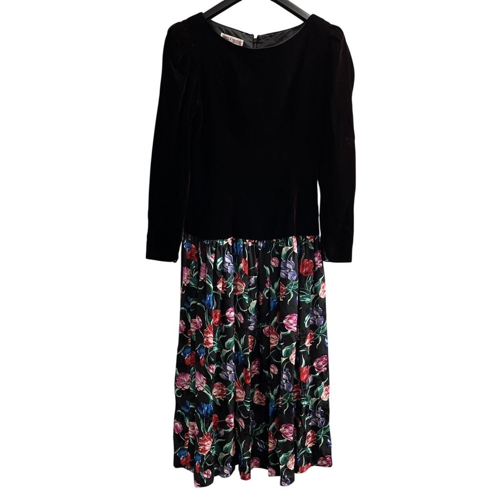 Vintage Maggie London Dress 6 Purple Velvet Bodice Dark Floral Silk Skirt 80s